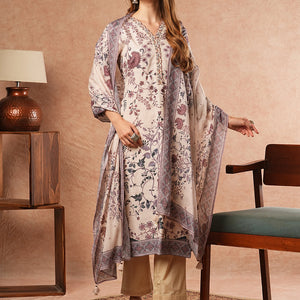 Ethnic Floral Printed Straight Fit Kurta with Pant & Dupatta - Off White