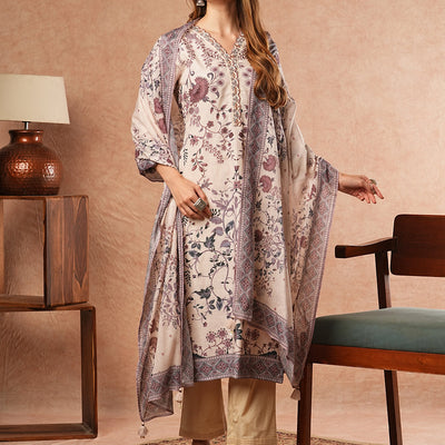 Ethnic Floral Printed Straight Fit Kurta with Pant & Dupatta - Off White