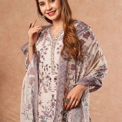Ethnic Floral Printed Straight Fit Kurta with Pant & Dupatta - Off White