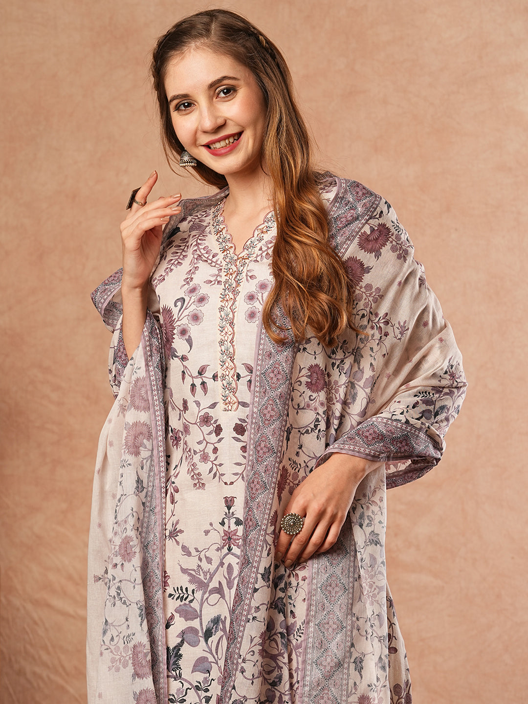 Ethnic Floral Printed Straight Fit Kurta with Pant & Dupatta - Off White