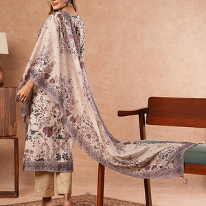 Ethnic Floral Printed Straight Fit Kurta with Pant & Dupatta - Off White