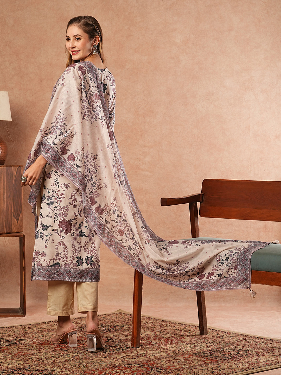 Ethnic Floral Printed Straight Fit Kurta with Pant & Dupatta - Off White