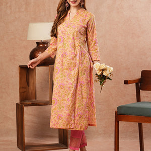 Floral Printed Sequins & Crochet Lace Embellished Angrakha Style Kurta - Peach & Multi