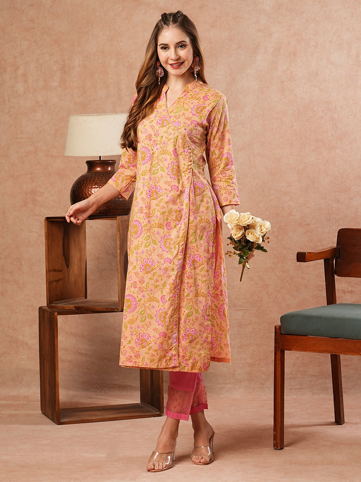 Floral Printed Sequins & Crochet Lace Embellished Angrakha Style Kurta - Peach & Multi