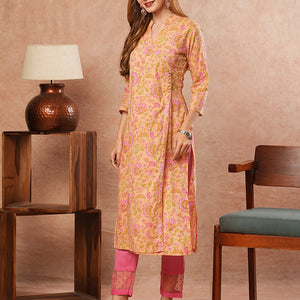 Floral Printed Sequins & Crochet Lace Embellished Angrakha Style Kurta - Peach & Multi