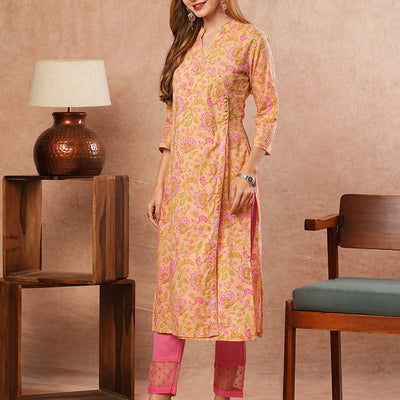 Floral Printed Sequins & Crochet Lace Embellished Angrakha Style Kurta - Peach & Multi