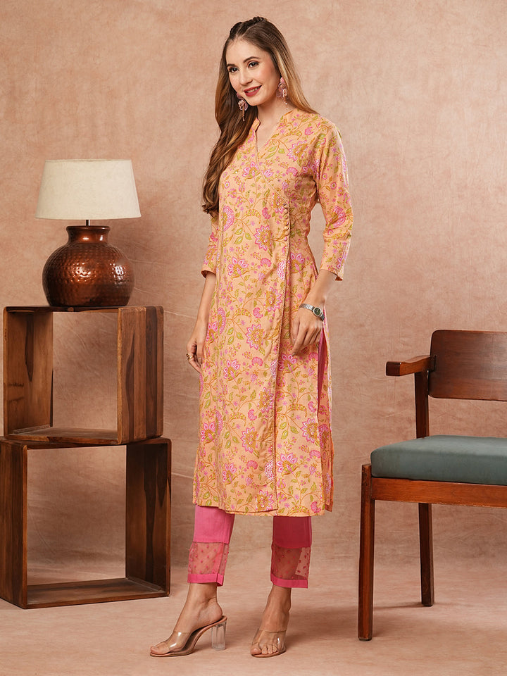 Floral Printed Sequins & Crochet Lace Embellished Angrakha Style Kurta - Peach & Multi