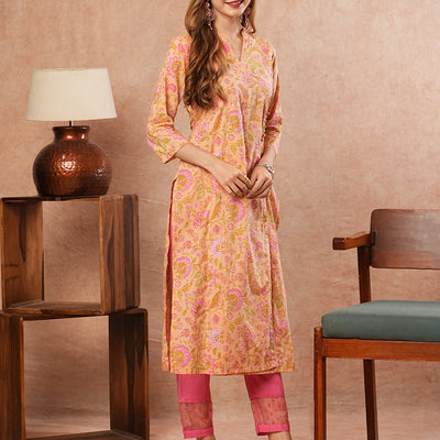 Floral Printed Sequins & Crochet Lace Embellished Angrakha Style Kurta - Peach & Multi