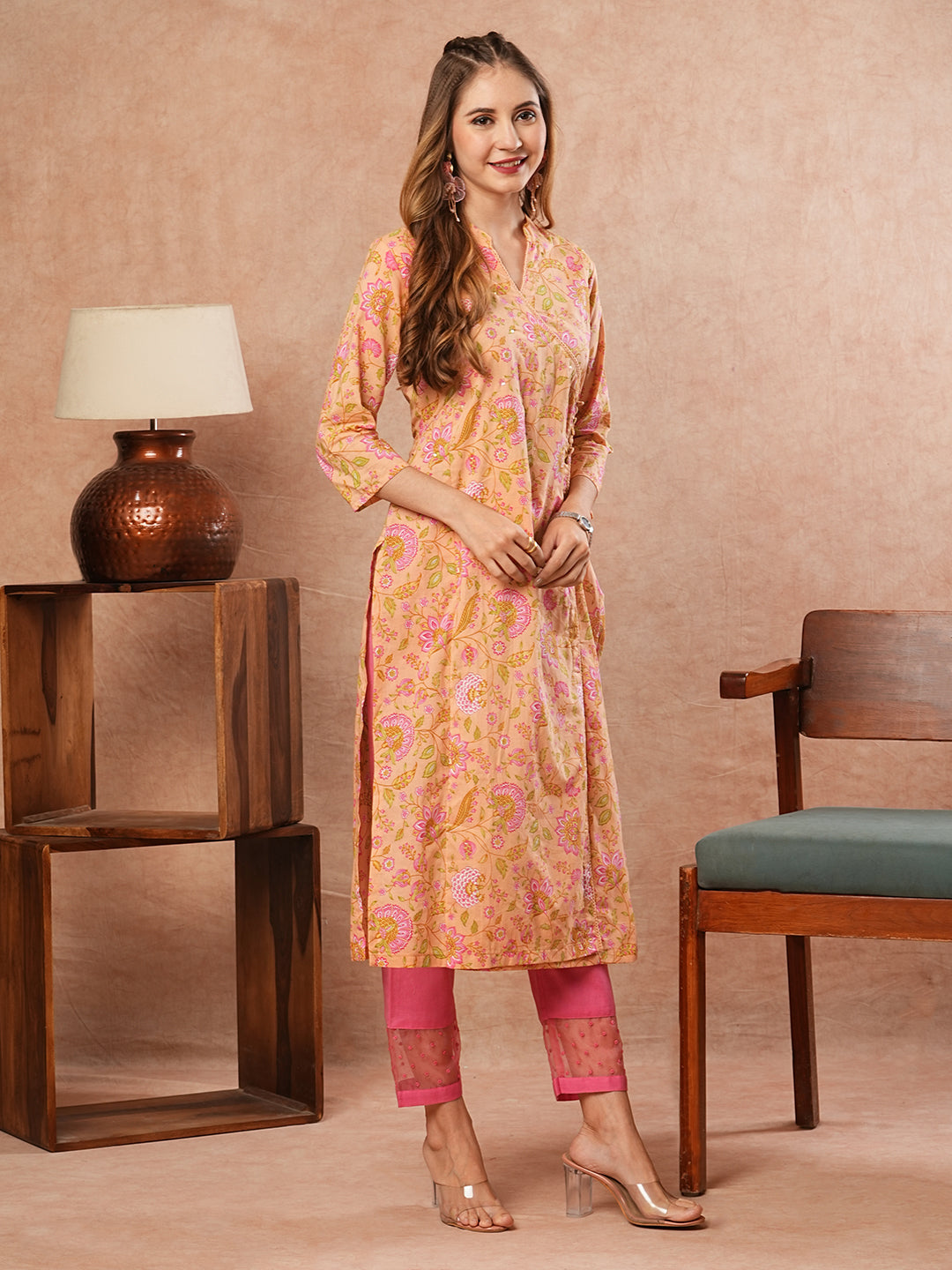 Floral Printed Sequins & Crochet Lace Embellished Angrakha Style Kurta - Peach & Multi