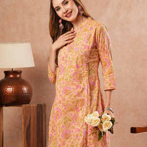 Floral Printed Sequins & Crochet Lace Embellished Angrakha Style Kurta - Peach & Multi
