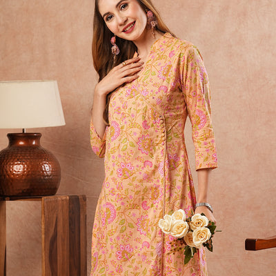 Floral Printed Sequins & Crochet Lace Embellished Angrakha Style Kurta - Peach & Multi