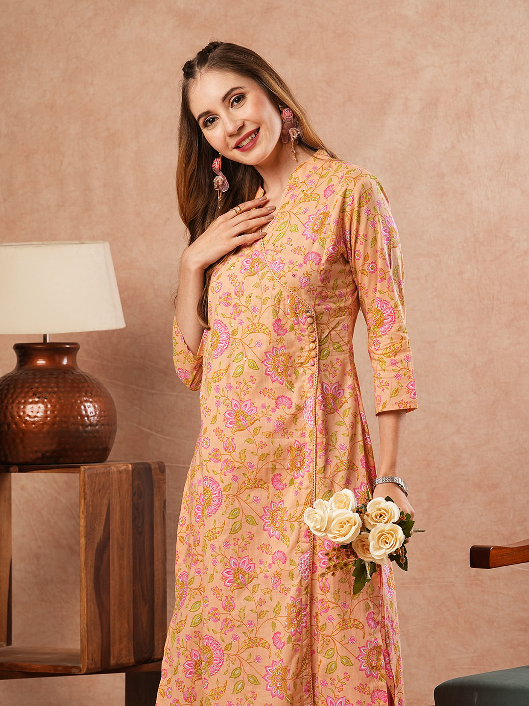 Floral Printed Sequins & Crochet Lace Embellished Angrakha Style Kurta - Peach & Multi