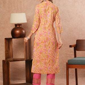 Floral Printed Sequins & Crochet Lace Embellished Angrakha Style Kurta - Peach & Multi
