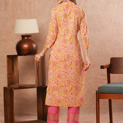 Floral Printed Sequins & Crochet Lace Embellished Angrakha Style Kurta - Peach & Multi