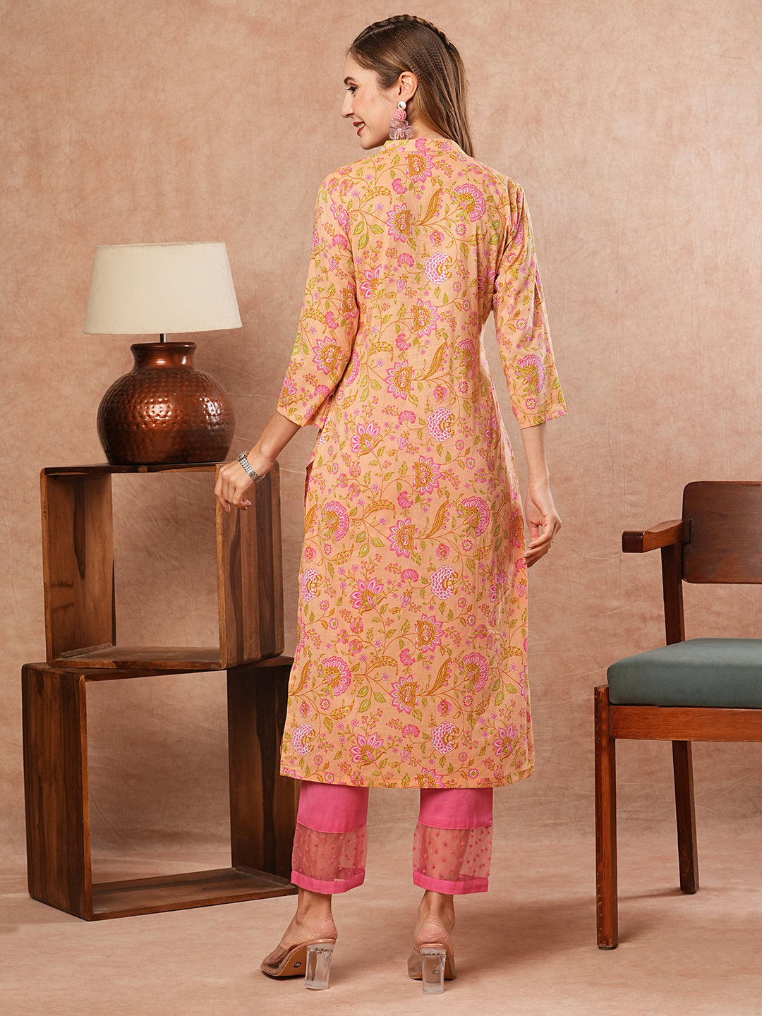 Floral Printed Sequins & Crochet Lace Embellished Angrakha Style Kurta - Peach & Multi