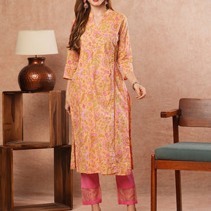 Floral Printed Sequins & Crochet Lace Embellished Angrakha Style Kurta - Peach & Multi