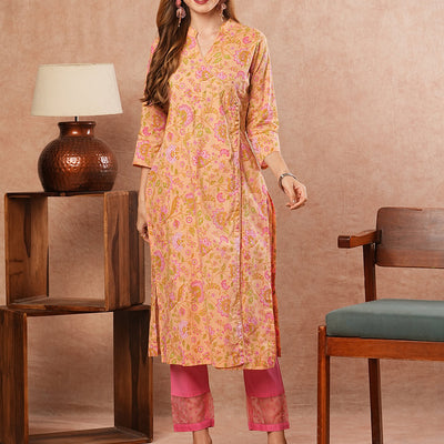 Floral Printed Sequins & Crochet Lace Embellished Angrakha Style Kurta - Peach & Multi