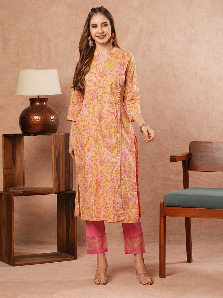 Floral Printed Sequins & Crochet Lace Embellished Angrakha Style Kurta - Peach & Multi