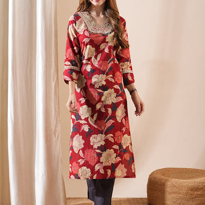 Ethnic Floral Printed & Embroidered Straight Fit Kurta - Red