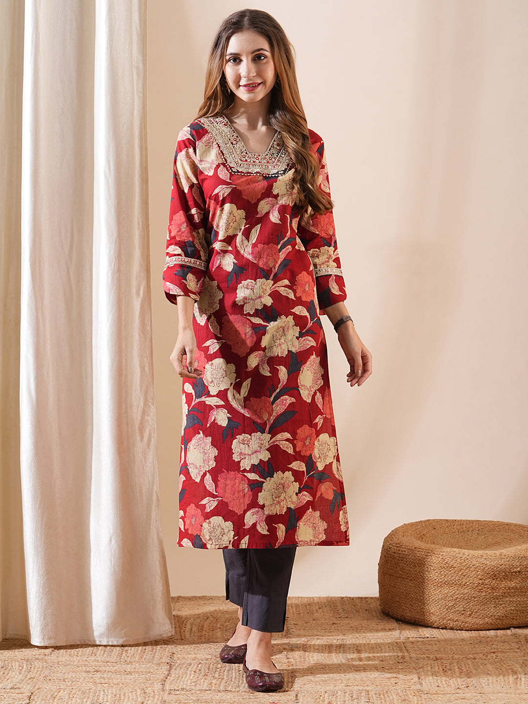 Ethnic Floral Printed & Embroidered Straight Fit Kurta - Red