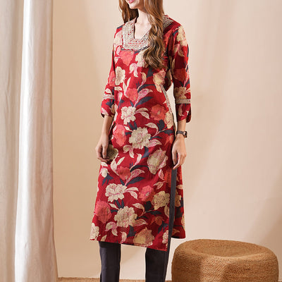 Ethnic Floral Printed & Embroidered Straight Fit Kurta - Red