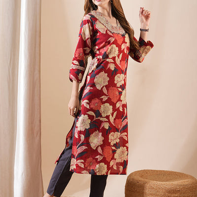 Ethnic Floral Printed & Embroidered Straight Fit Kurta - Red