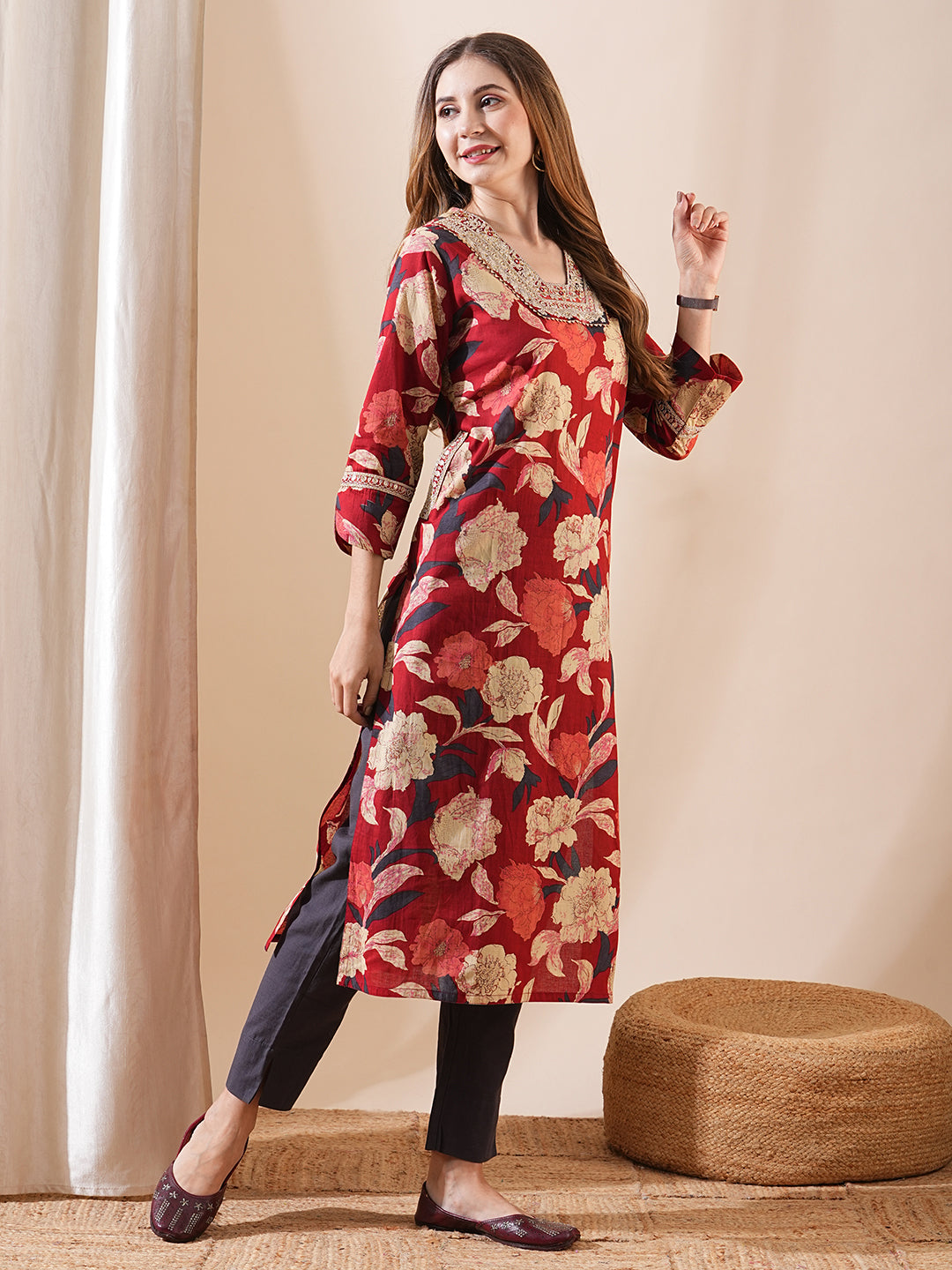 Ethnic Floral Printed & Embroidered Straight Fit Kurta - Red