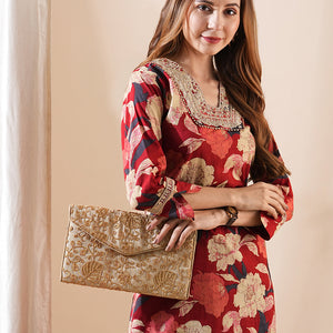 Ethnic Floral Printed & Embroidered Straight Fit Kurta - Red