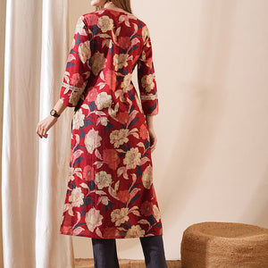 Ethnic Floral Printed & Embroidered Straight Fit Kurta - Red