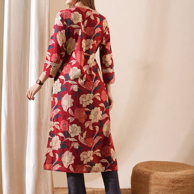 Ethnic Floral Printed & Embroidered Straight Fit Kurta - Red