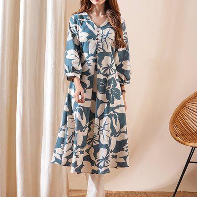 Abstract Printed A-Line Flared Kurta - Teal Blue