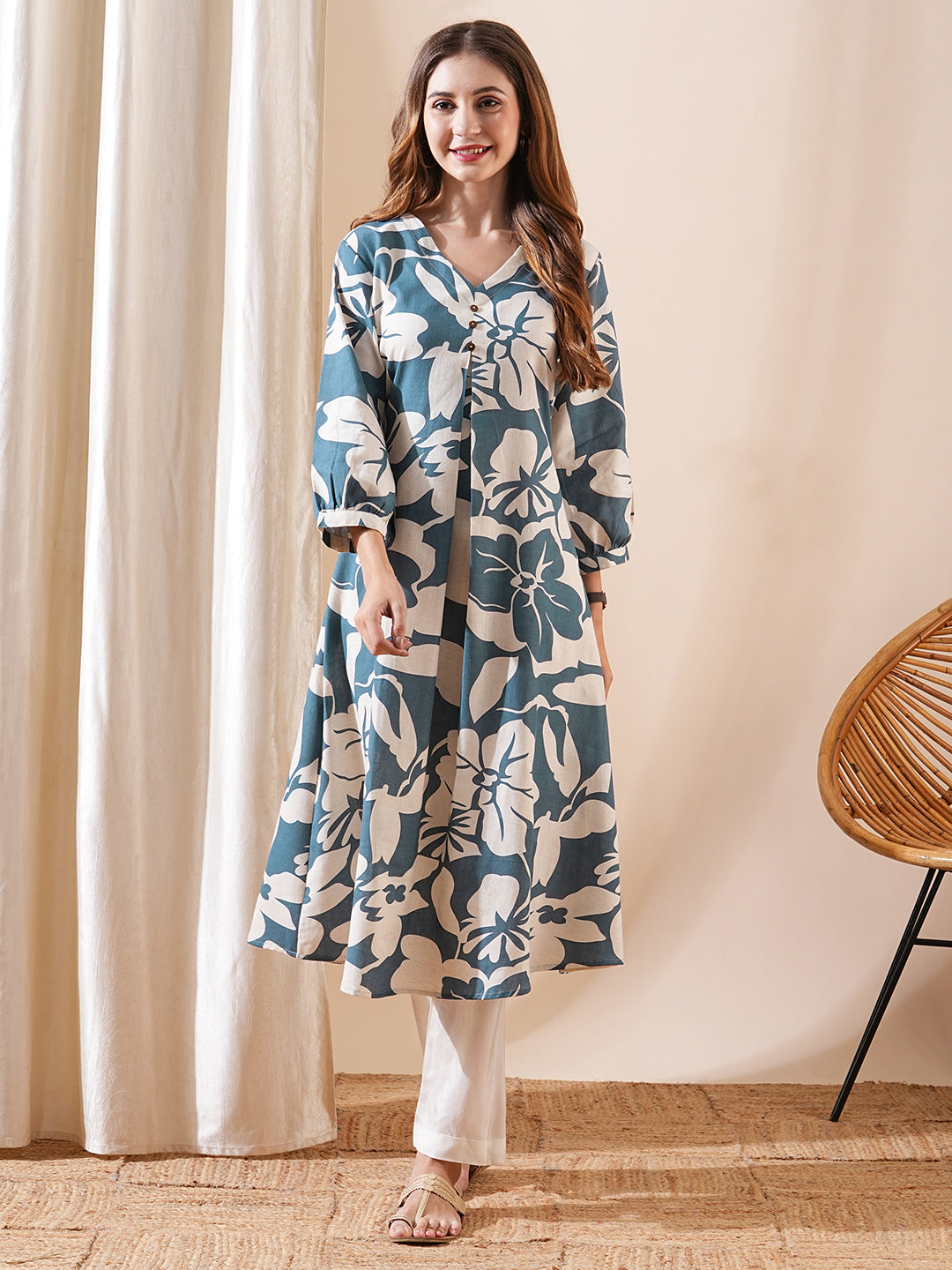 Abstract Printed A-Line Flared Kurta - Teal Blue