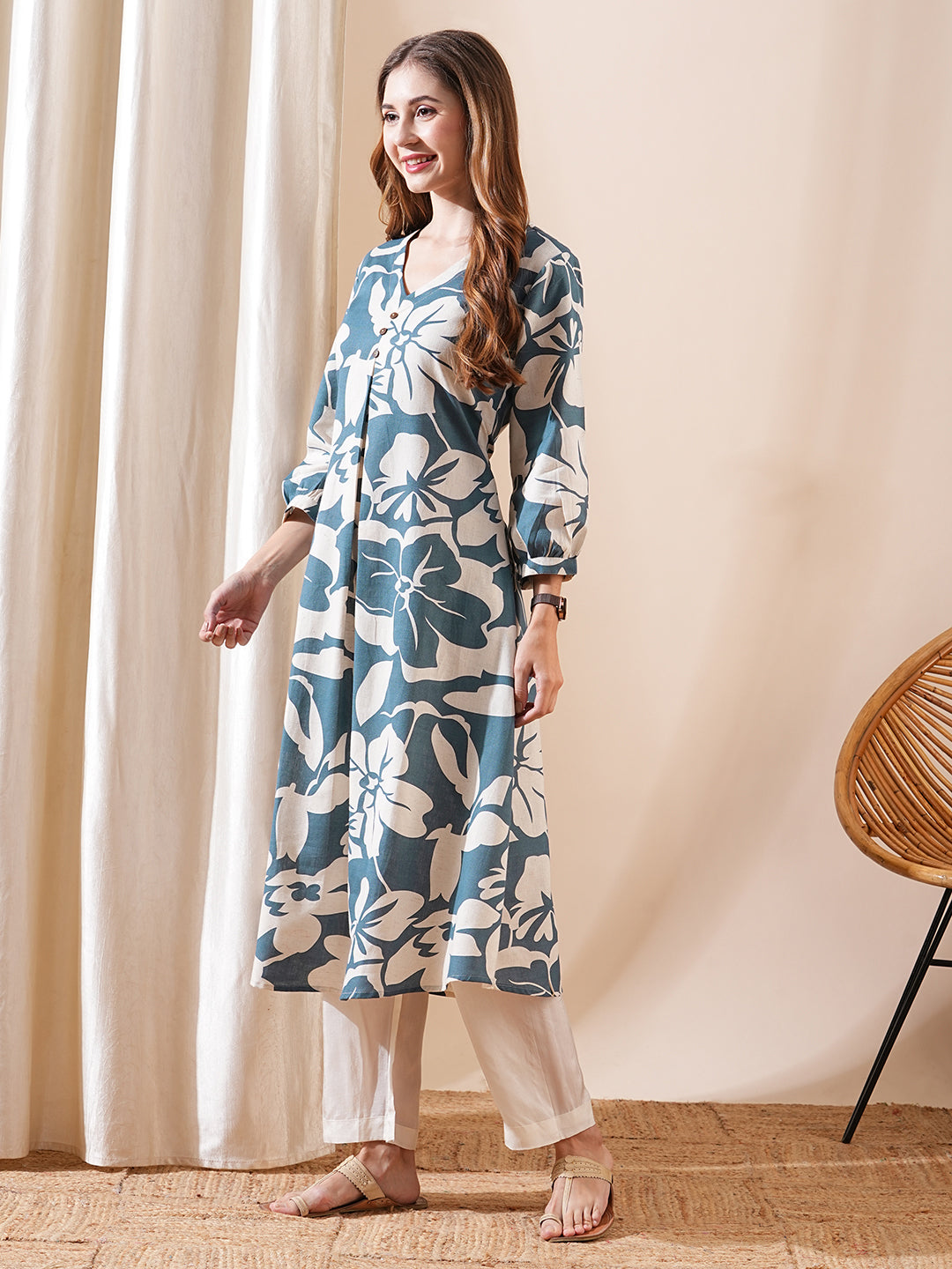 Abstract Printed A-Line Flared Kurta - Teal Blue