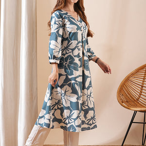 Abstract Printed A-Line Flared Kurta - Teal Blue