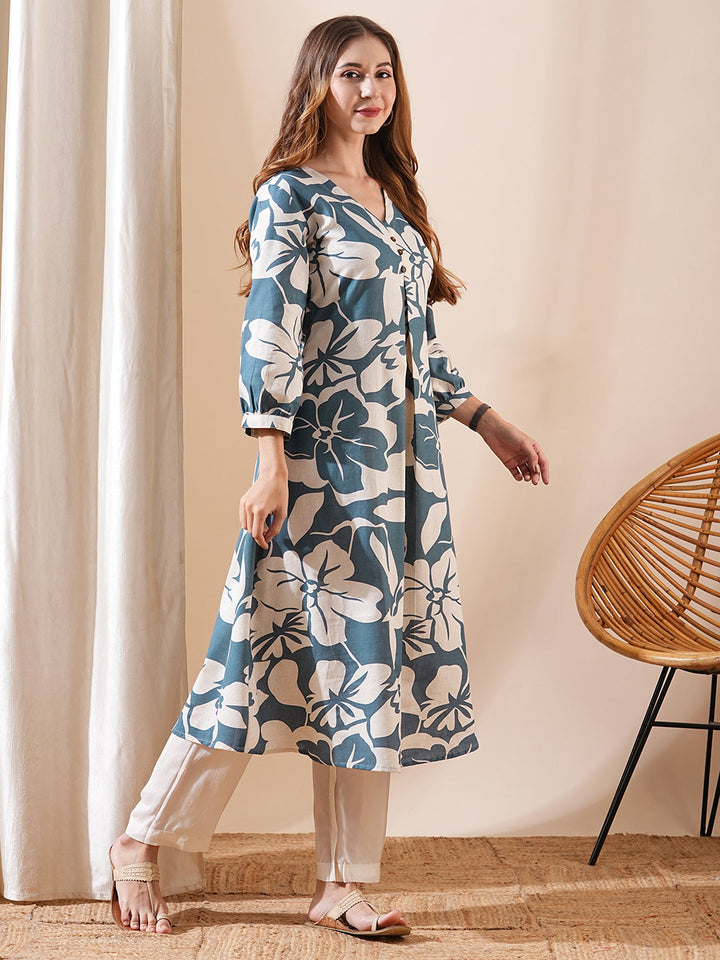 Abstract Printed A-Line Flared Kurta - Teal Blue