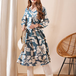 Abstract Printed A-Line Flared Kurta - Teal Blue