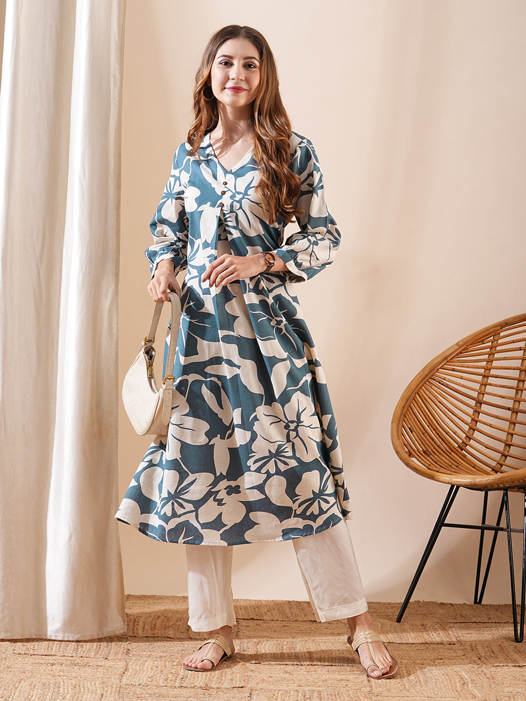 Abstract Printed A-Line Flared Kurta - Teal Blue