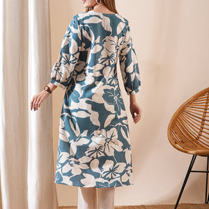 Abstract Printed A-Line Flared Kurta - Teal Blue