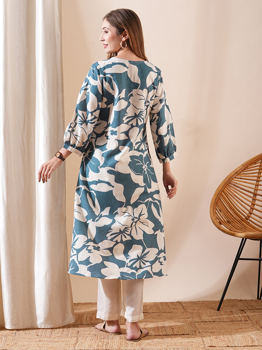 Abstract Printed A-Line Flared Kurta - Teal Blue