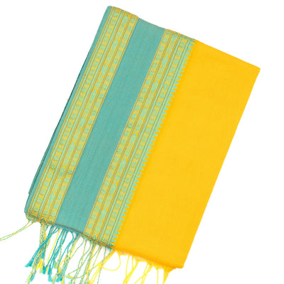 Yellow Handloom Bengal Cotton Saree With Turquoise Border