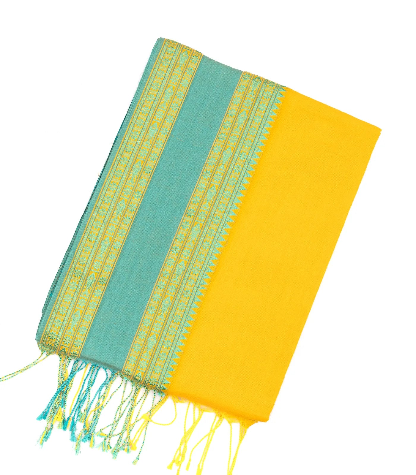 Yellow Handloom Bengal Cotton Saree With Turquoise Border