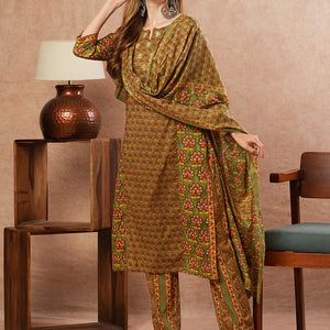 Floral Block Printed Mirror & Resham Embroidered Kurta with Pants & Dupatta - Olive