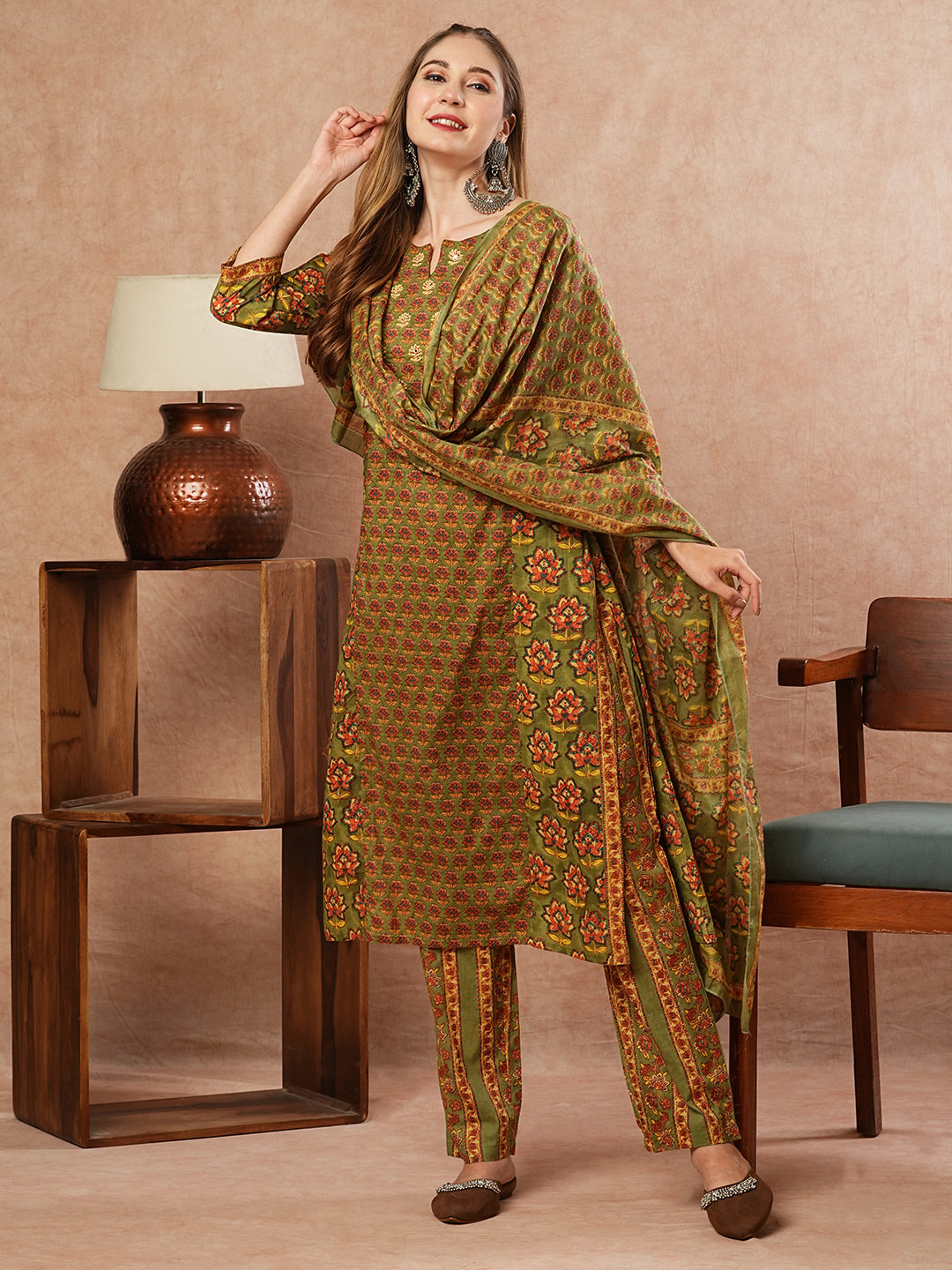 Floral Block Printed Mirror & Resham Embroidered Kurta with Pants & Dupatta - Olive