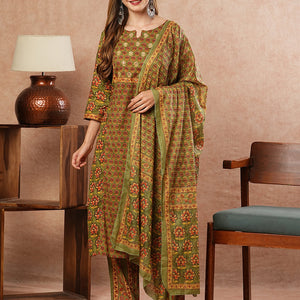 Floral Block Printed Mirror & Resham Embroidered Kurta with Pants & Dupatta - Olive