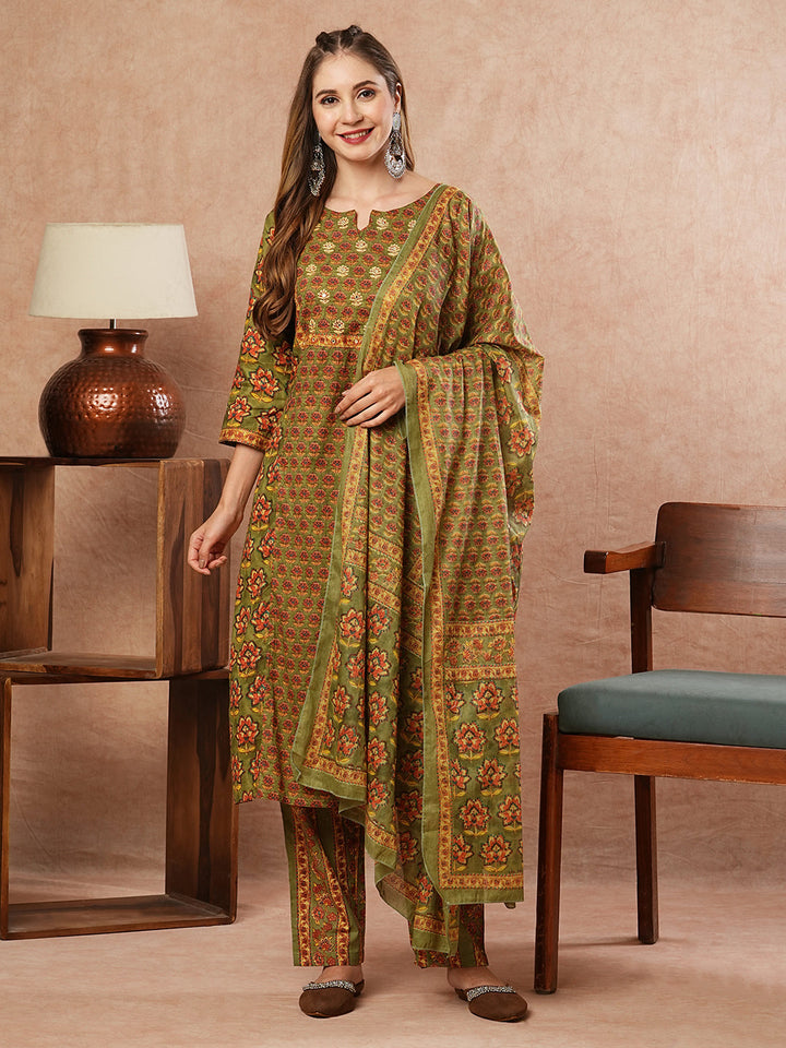 Floral Block Printed Mirror & Resham Embroidered Kurta with Pants & Dupatta - Olive