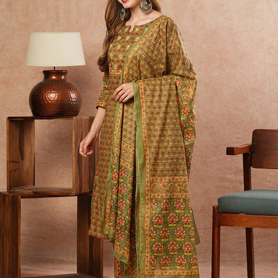 Floral Block Printed Mirror & Resham Embroidered Kurta with Pants & Dupatta - Olive