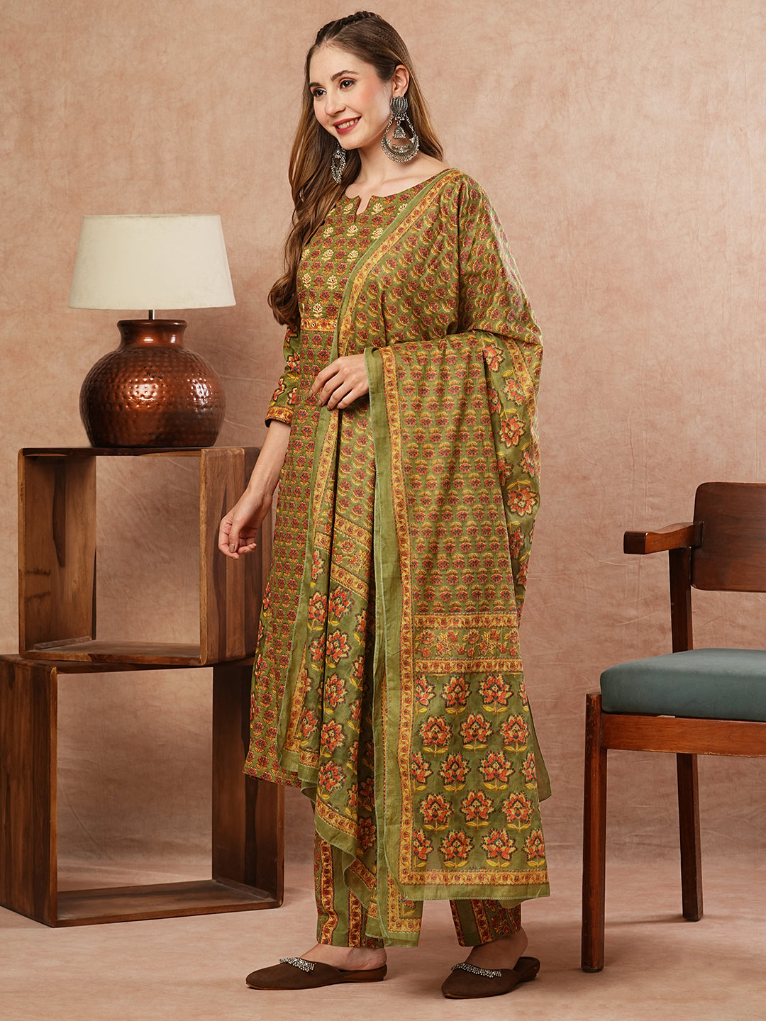 Floral Block Printed Mirror & Resham Embroidered Kurta with Pants & Dupatta - Olive