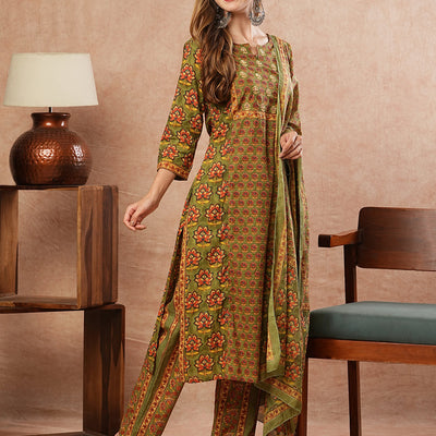 Floral Block Printed Mirror & Resham Embroidered Kurta with Pants & Dupatta - Olive