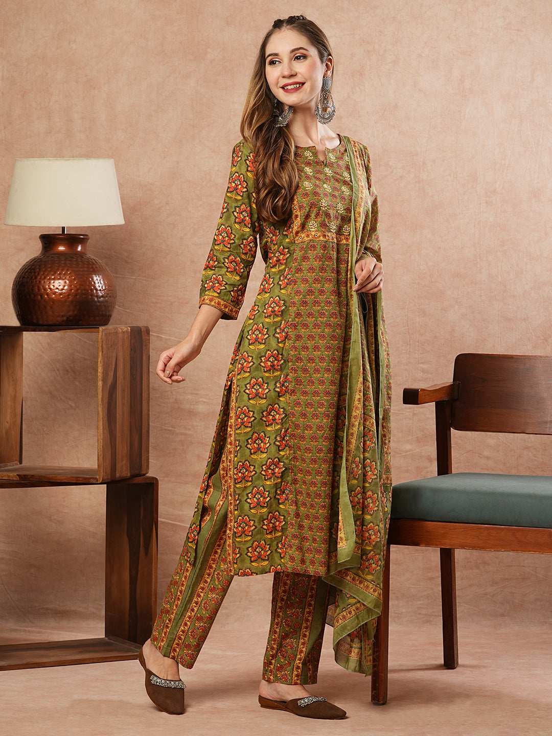 Floral Block Printed Mirror & Resham Embroidered Kurta with Pants & Dupatta - Olive