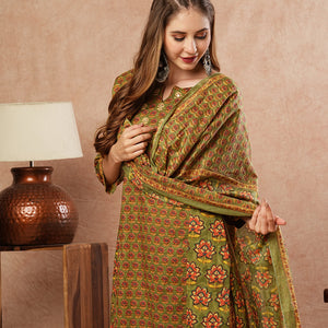 Floral Block Printed Mirror & Resham Embroidered Kurta with Pants & Dupatta - Olive